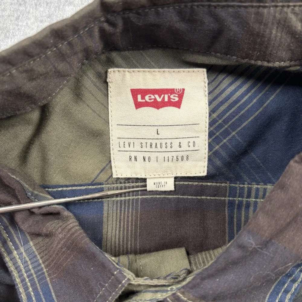 Levi's Men's Large Plaid Button Up Shirt Olive Green Navy Blue Cotton Blend